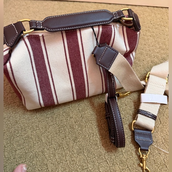 Zara Burgundy and White Striped Handle Bag with brown accents and 2 straps - Picture 4 of 6